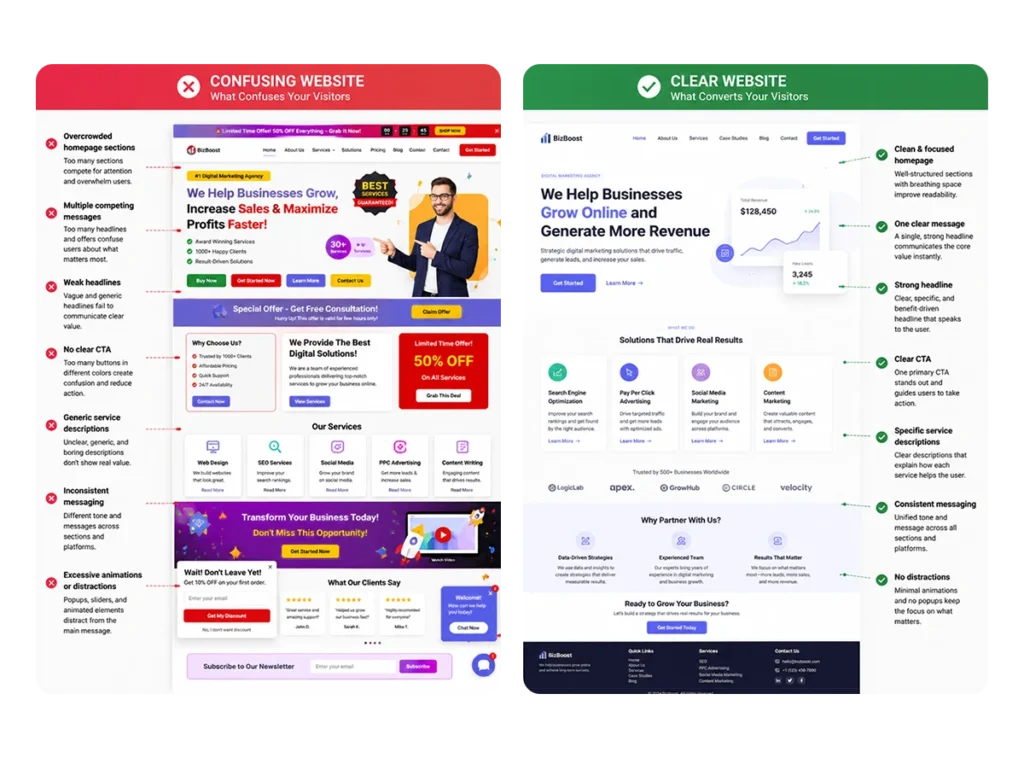 Why Customers Don’t Understand Your Business
Confusing website vs. Clear website